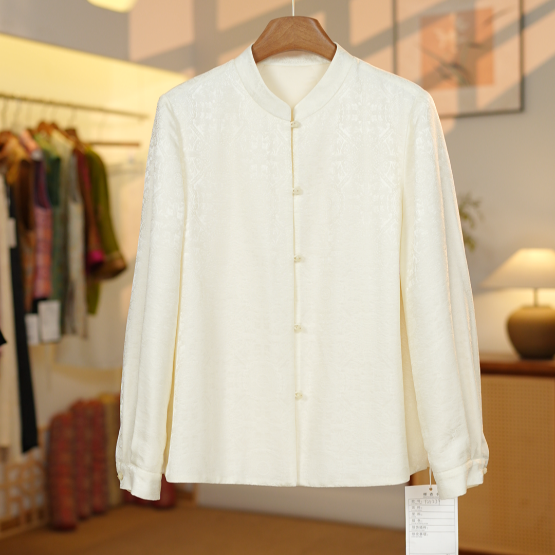 【桑波缎提花.八达晕】双色2025新中式桑蚕丝立领夹棉衬衣F25339