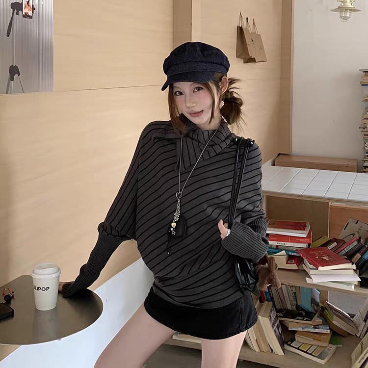 条纹半高领女慵懒风蝙蝠时尚显瘦蝙蝠袖长袖T恤#20752