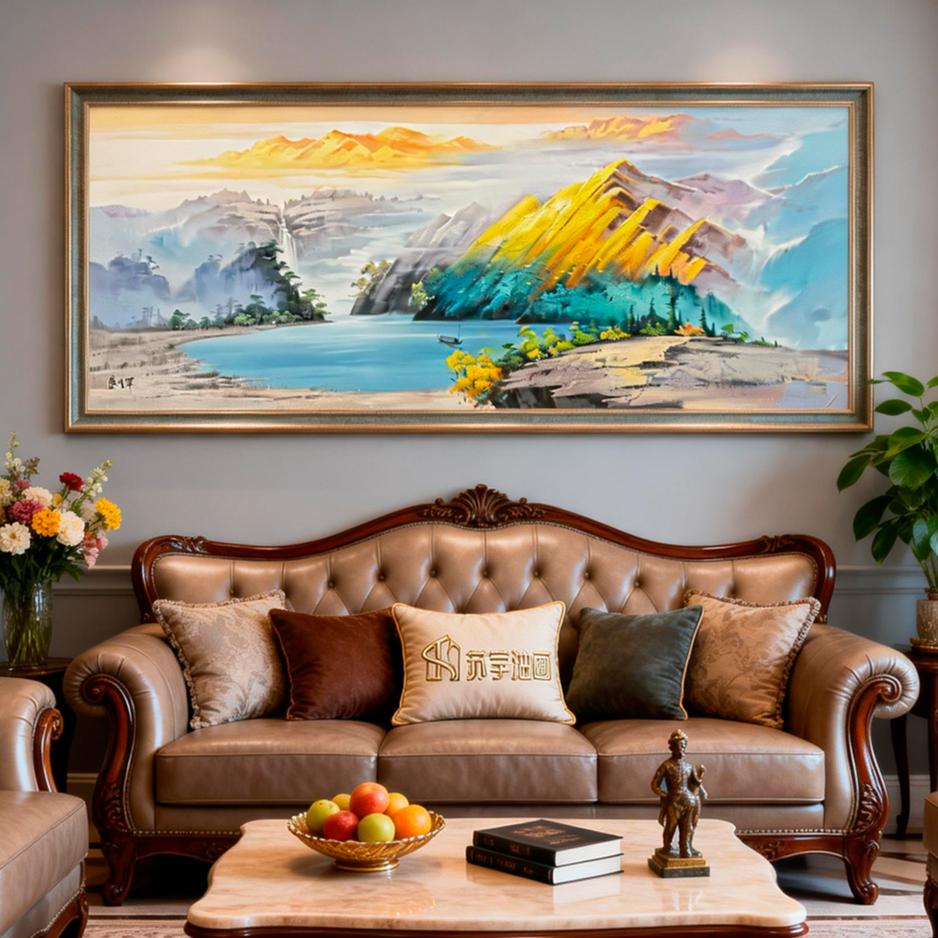 手绘油画《金峰纳祥 》客厅沙发背景墙横幅山水风景画金山装饰画