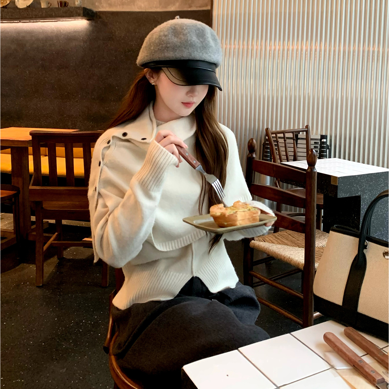 Huangzuozuo佐佐家小个子韩系纽扣高领披肩/针织衫毛衣冬季女上衣