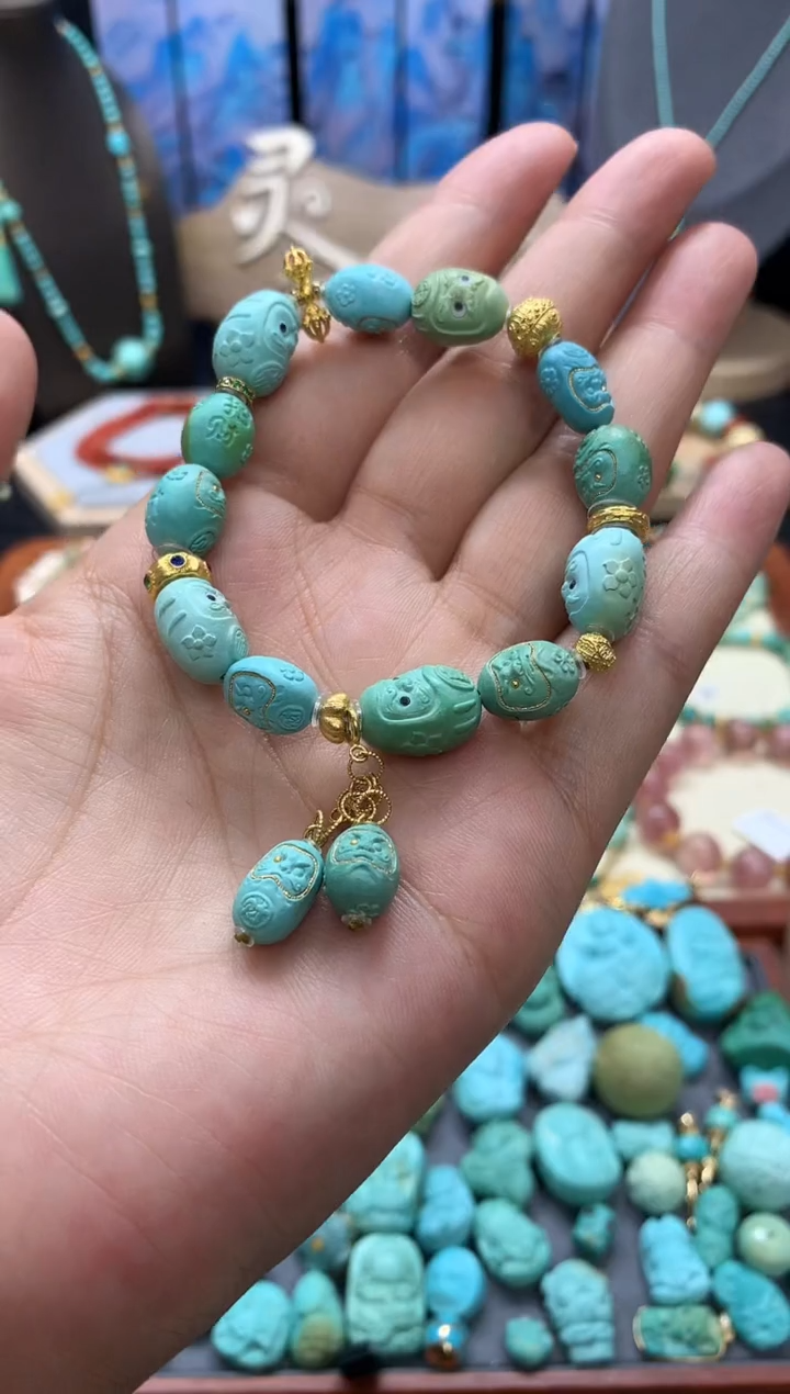 【闪购商品】绿松石手链18K金镶嵌高瓷绿松石达摩手链