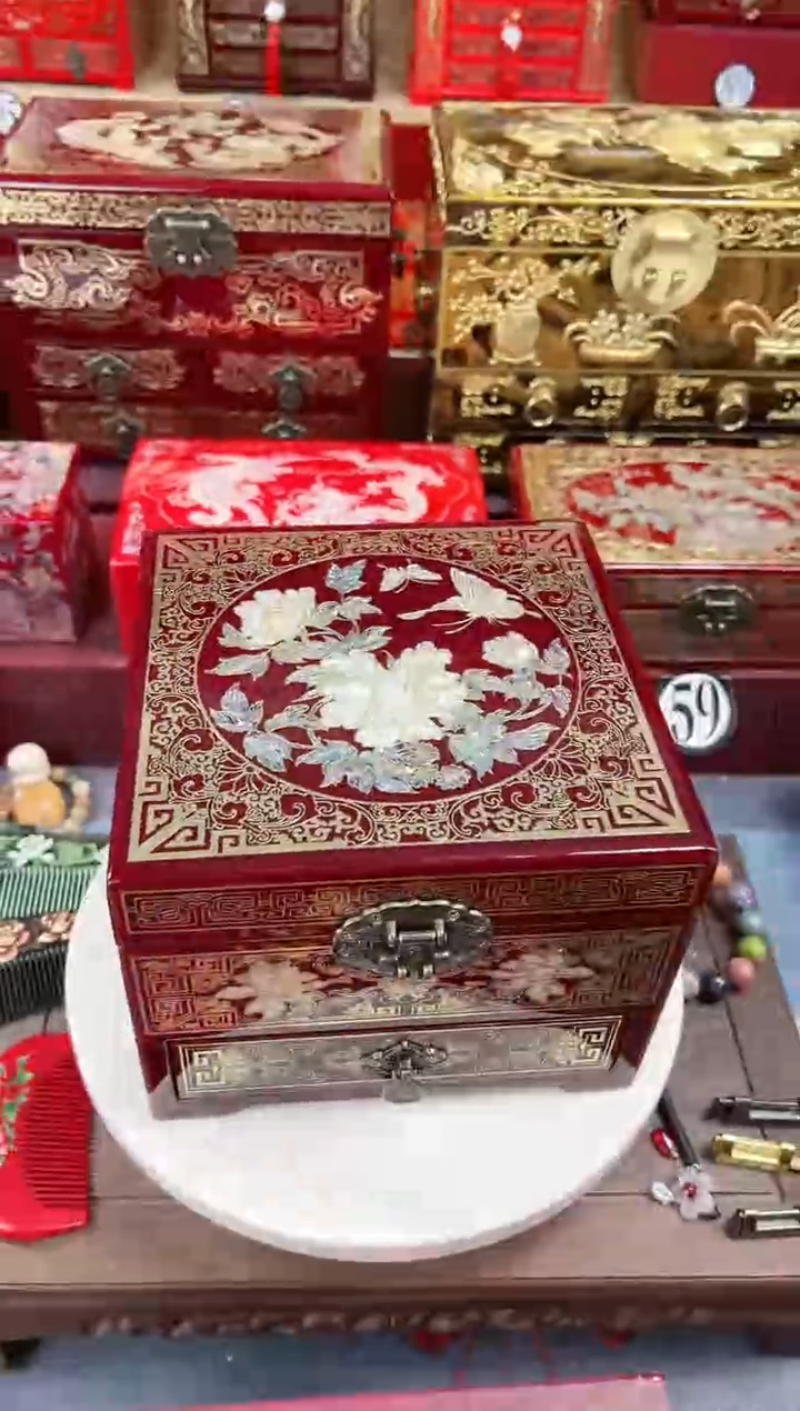 【闪购商品】20#新款方形三层单抽掐丝螺钿酒红蝶恋花
