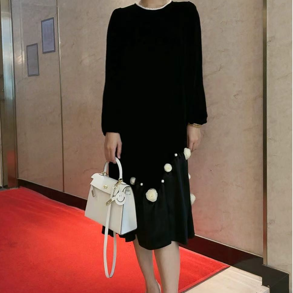 2025妍姐丝绒新款秋冬气质时尚百搭轻奢女装长裙优雅 黑色 25170