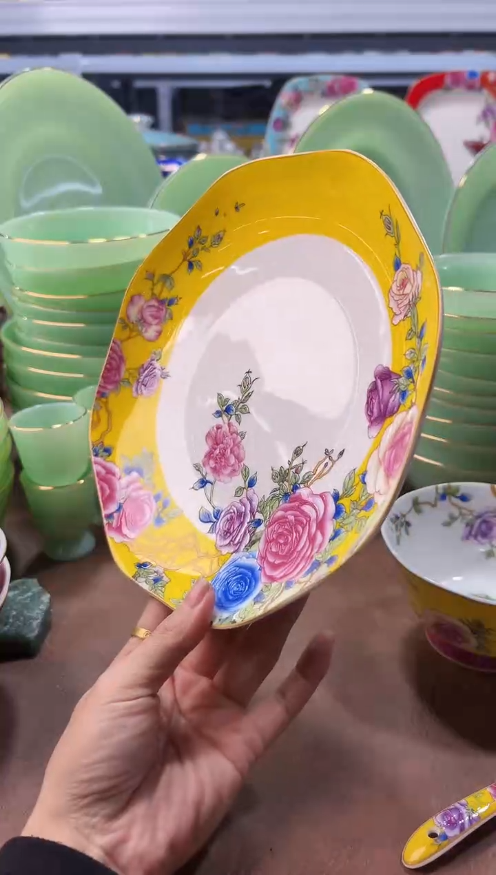 珐琅 8英寸花口圆深盘8个景德镇陶瓷 
