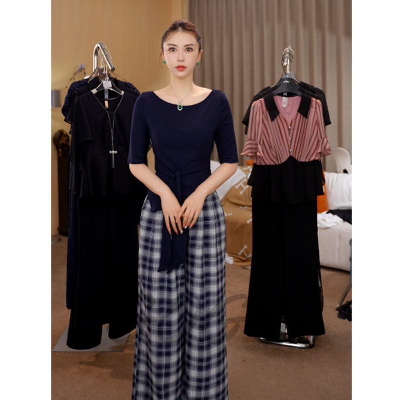 G6995初秋新款时尚套装女2025小众短袖T恤高腰显瘦格子阔腿裤潮