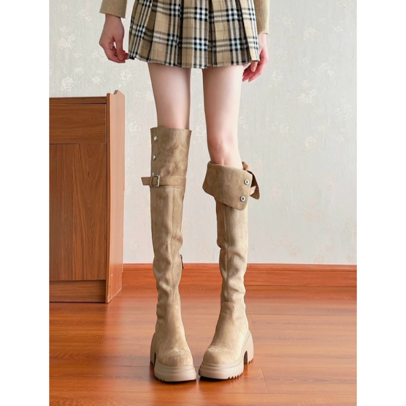 6CM厚底过膝长靴女2025秋冬美拉德两穿翻折长筒靴小个子高筒靴子