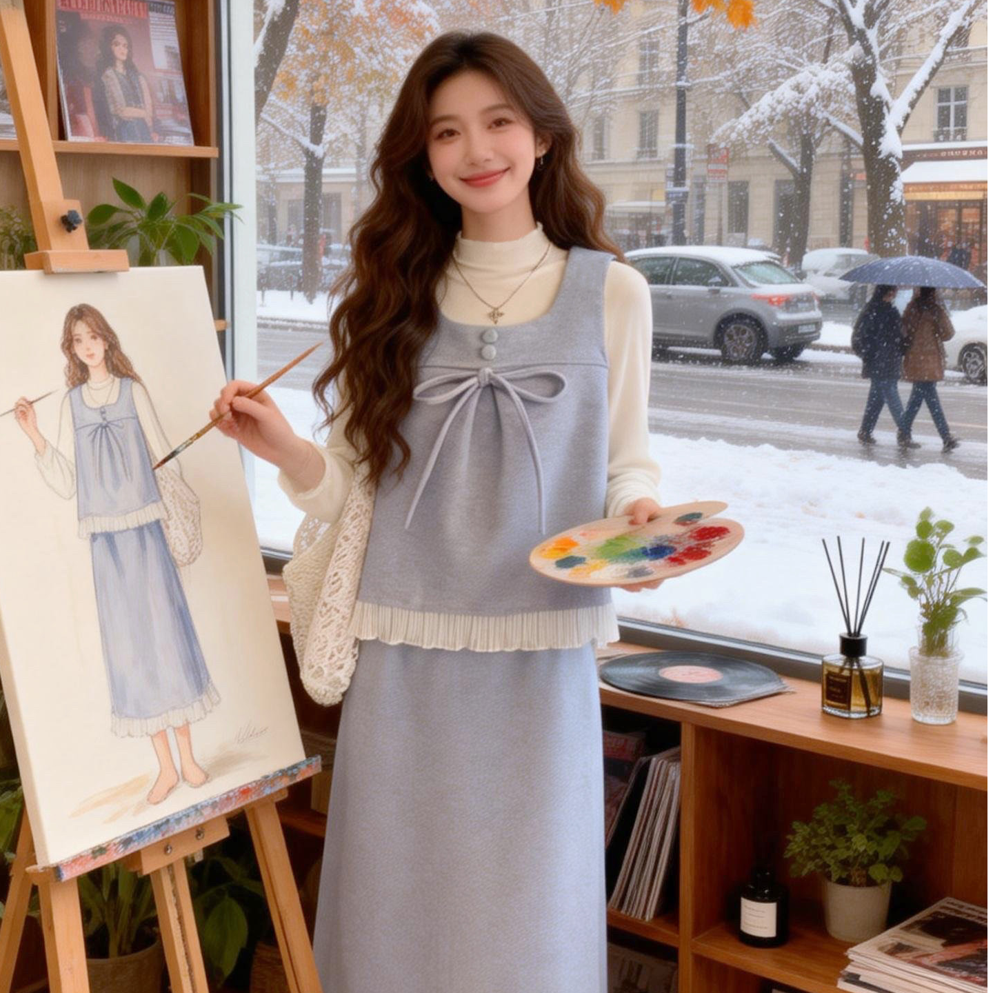 【慕莎】秋冬新款减龄高级韩版连衣群套装气质长裙