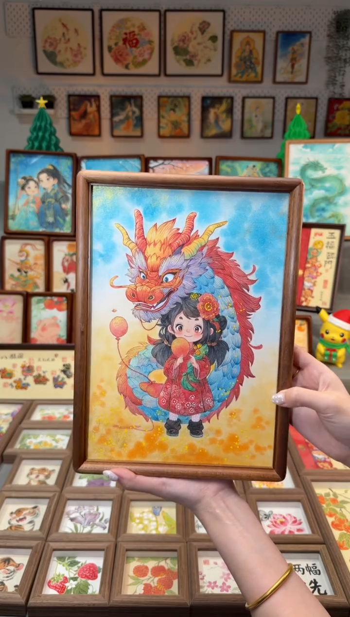 国画小龙女孩 手绘国画A4