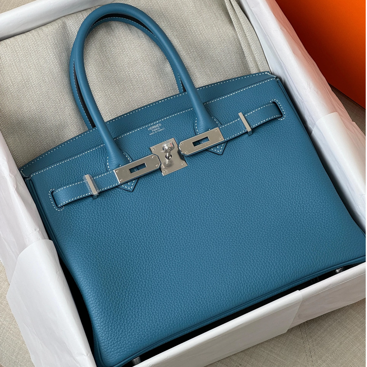 95新 Hermes/爱马仕 BK30手提包/牛仔蓝框K刻/251115YXK5K02