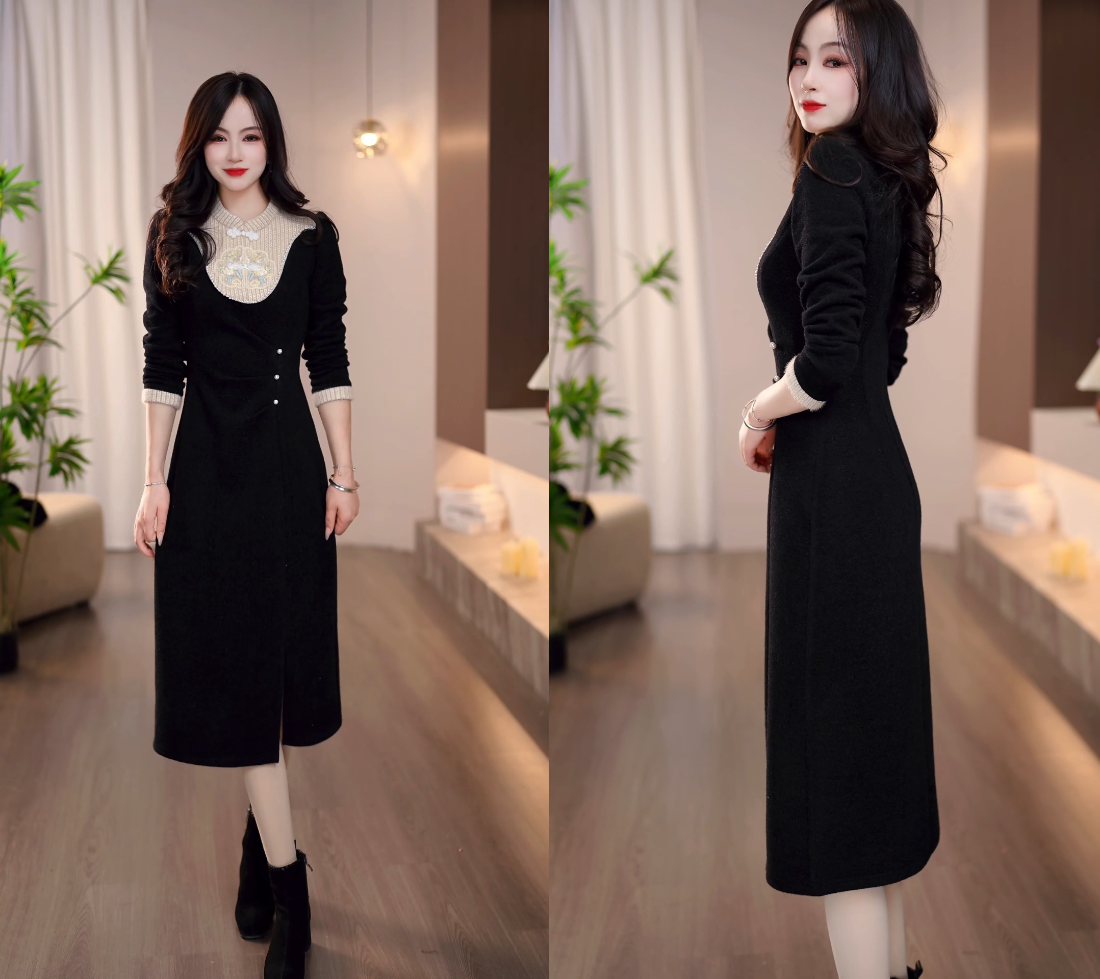 2025冬新款黑拼杏色国风对称设计感优雅大气收腰显瘦连衣裙M-4XL