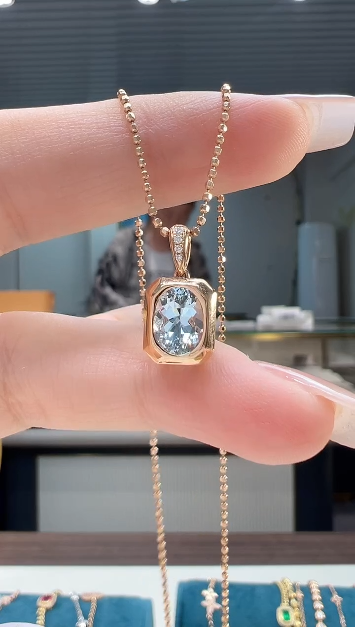 【闪购商品】海蓝宝石吊坠(不含链)18K金镶嵌海蓝宝吊坠K红