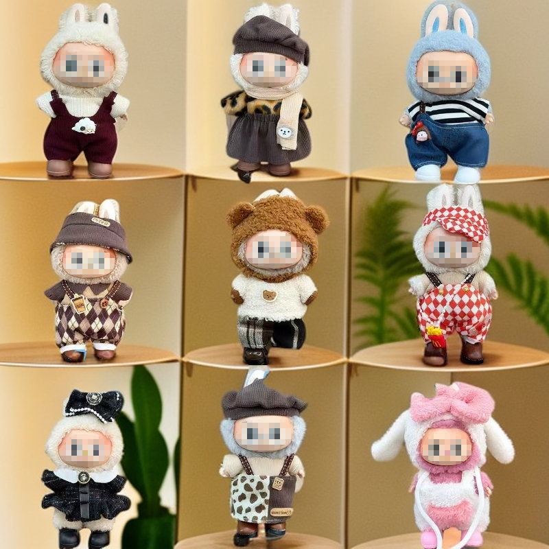 17cm拉布布一代二代衣服Labubu毛绒公仔玩具换装牛仔套装裙子娃衣