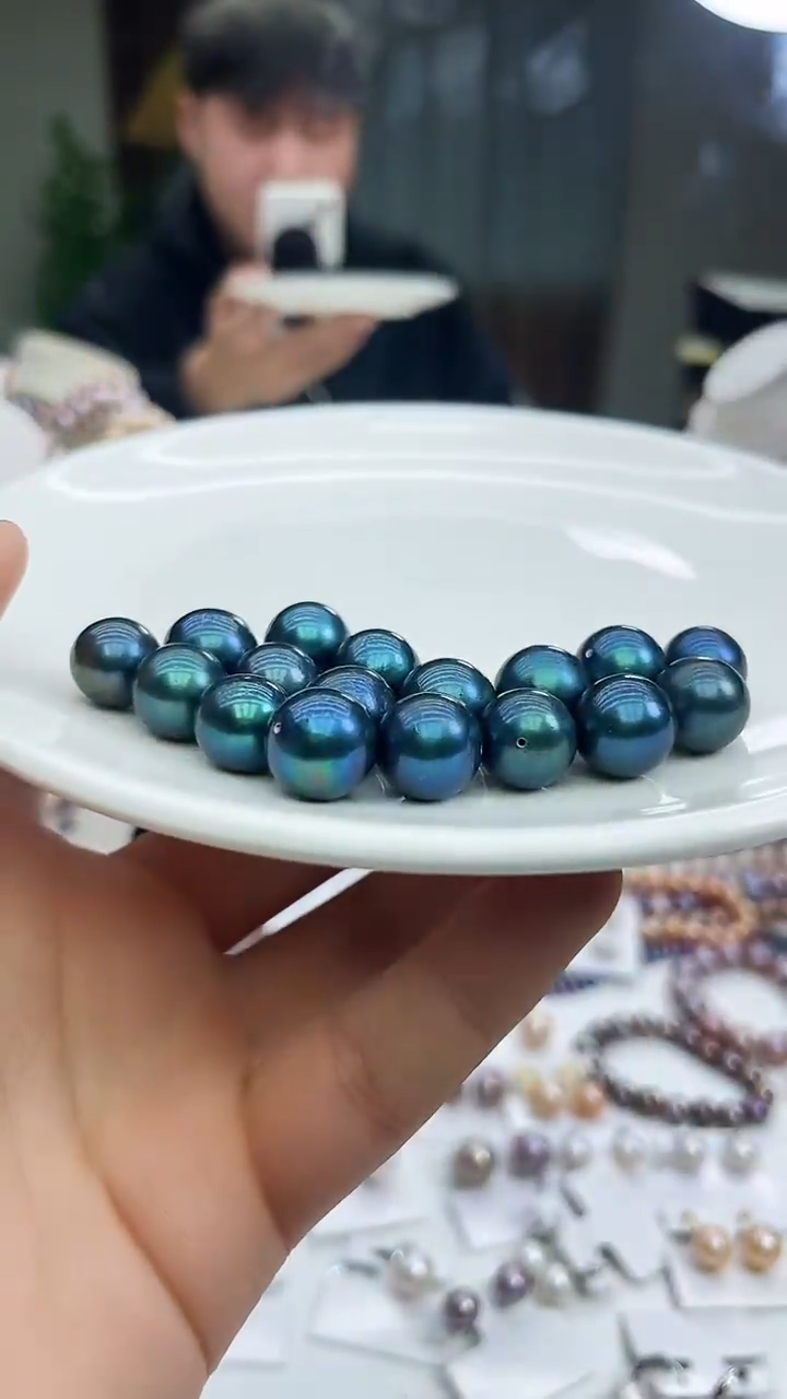 未镶嵌裸珠淡水珍珠孔雀绿色系13-14mm(多样性发一）