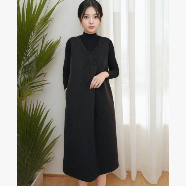 简约气质轻奢时尚休闲百搭马甲裙秋冬新款无袖呢料V领洋气背心裙