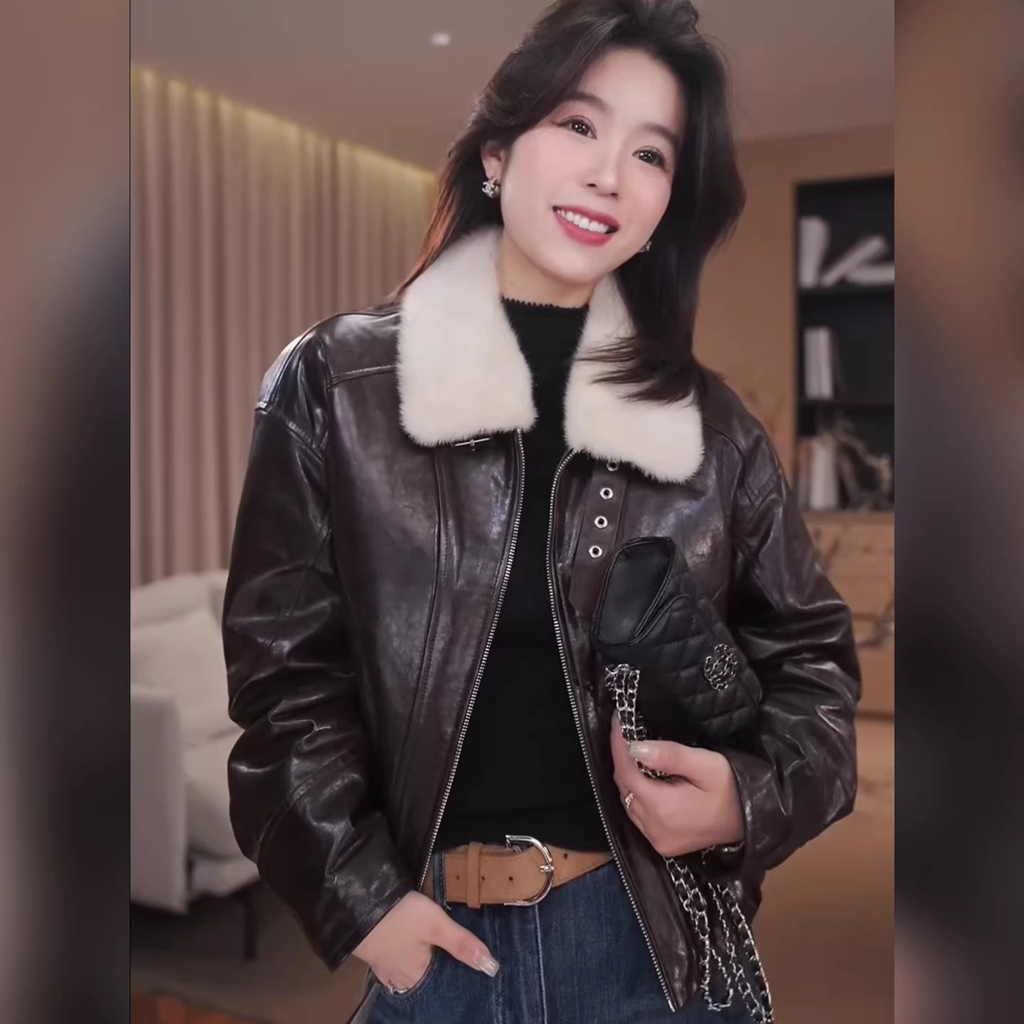 广州琴姐【雪原骑士】90白鹅绒水貂毛翻领真皮羽绒服外套女冬 08181