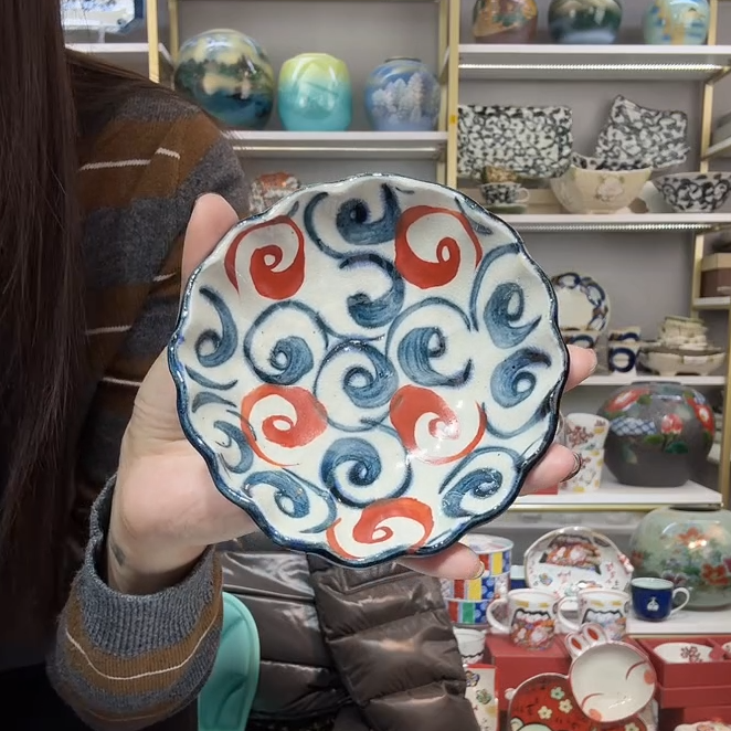 【单支】日本进口宗山家手绘花边蘸酱碟12cm-赤绘旋涡