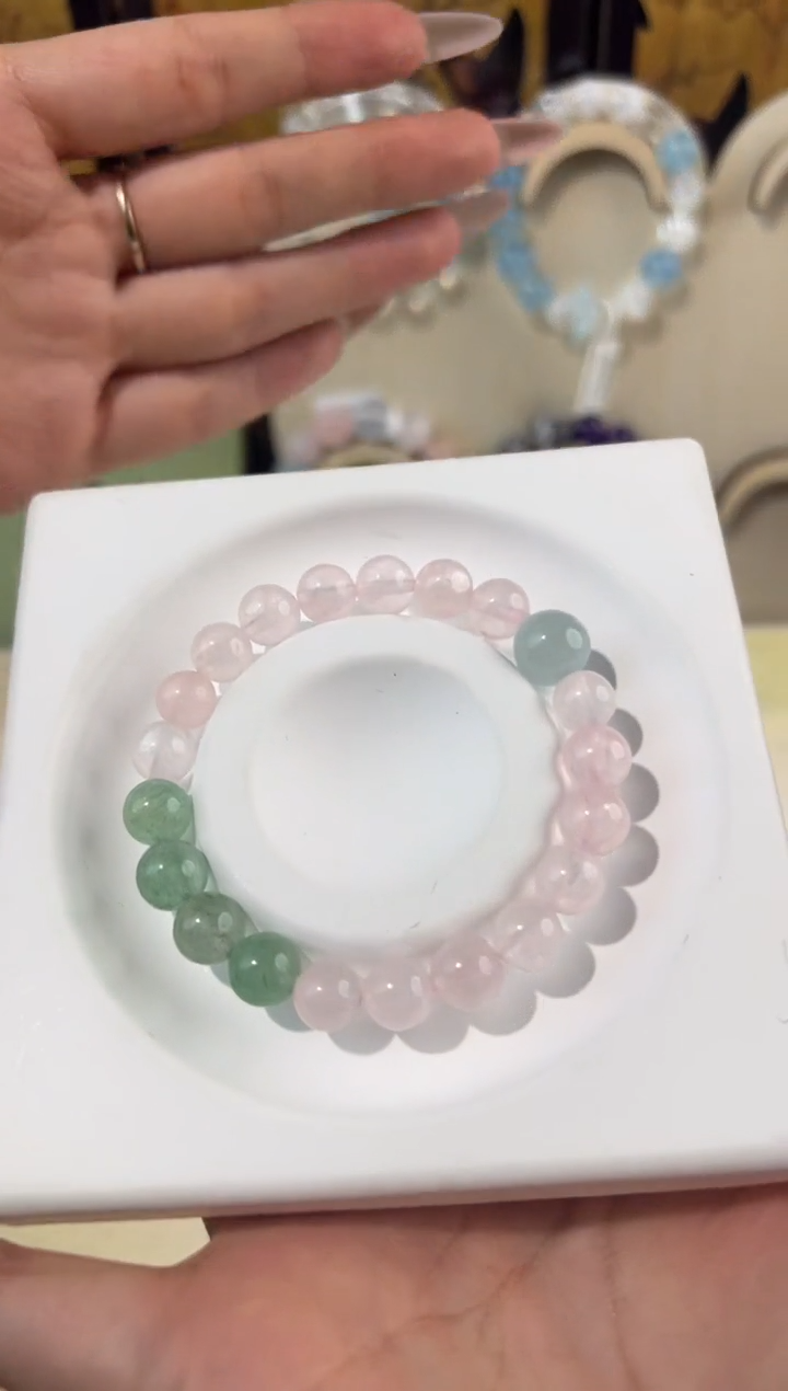 水晶手串未镶嵌【桃花mini签】海蓝宝+草莓晶+粉晶