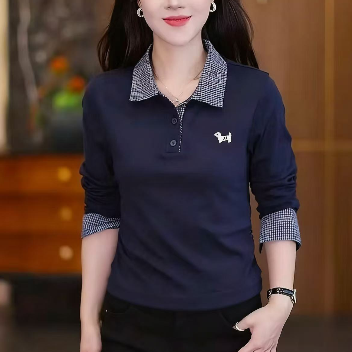 2025春秋新款polo领格子拼接假两件衬衫显瘦休闲上衣25815长54