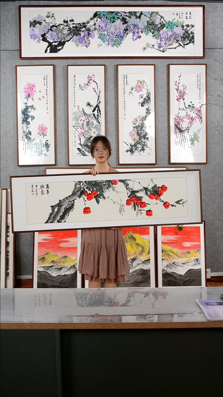 国画戚莉莉《万事顺意》手绘带框162*47