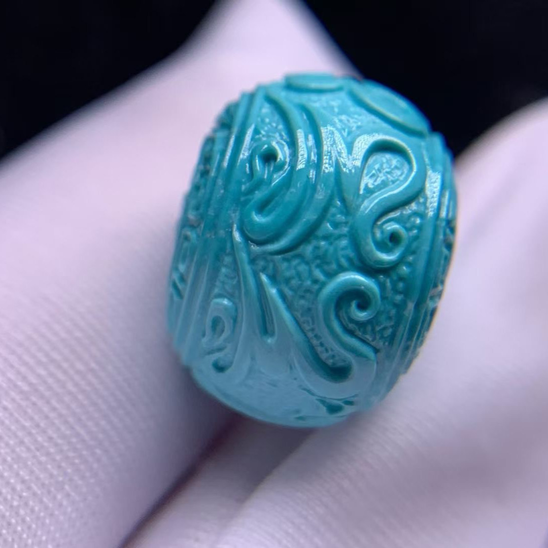 原矿高瓷果冻蓝料精品精工雕刻绿松石六字箴言算盘鼓珠，品相干净