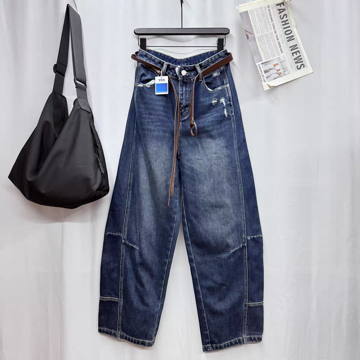 355#三褶皱拼接设计感薄绒水洗牛仔裤女秋冬新款弯刀宽松做旧