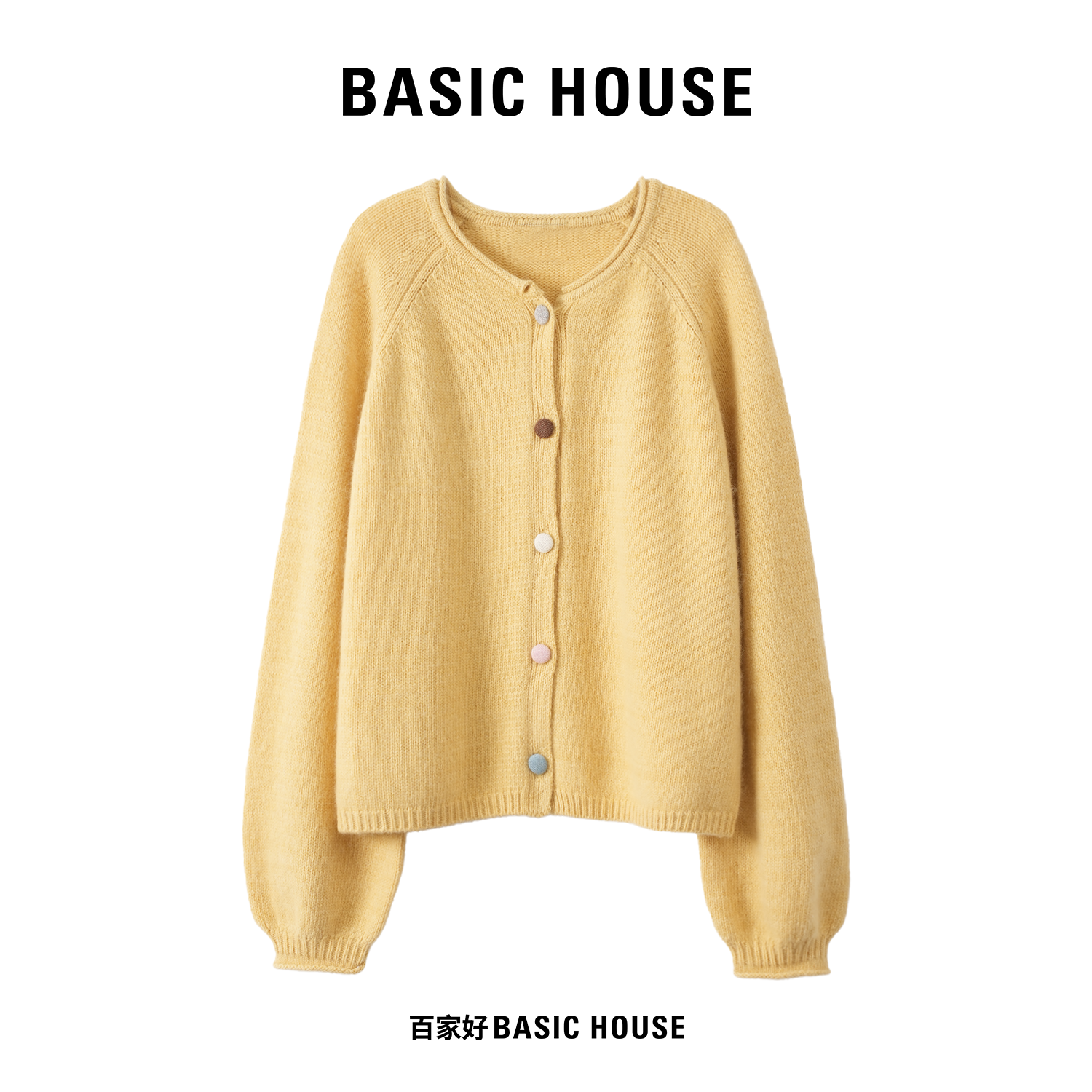 Basic House/百家好2025秋轻奢彩扣收袖设计感圆领针织衫P602 MM