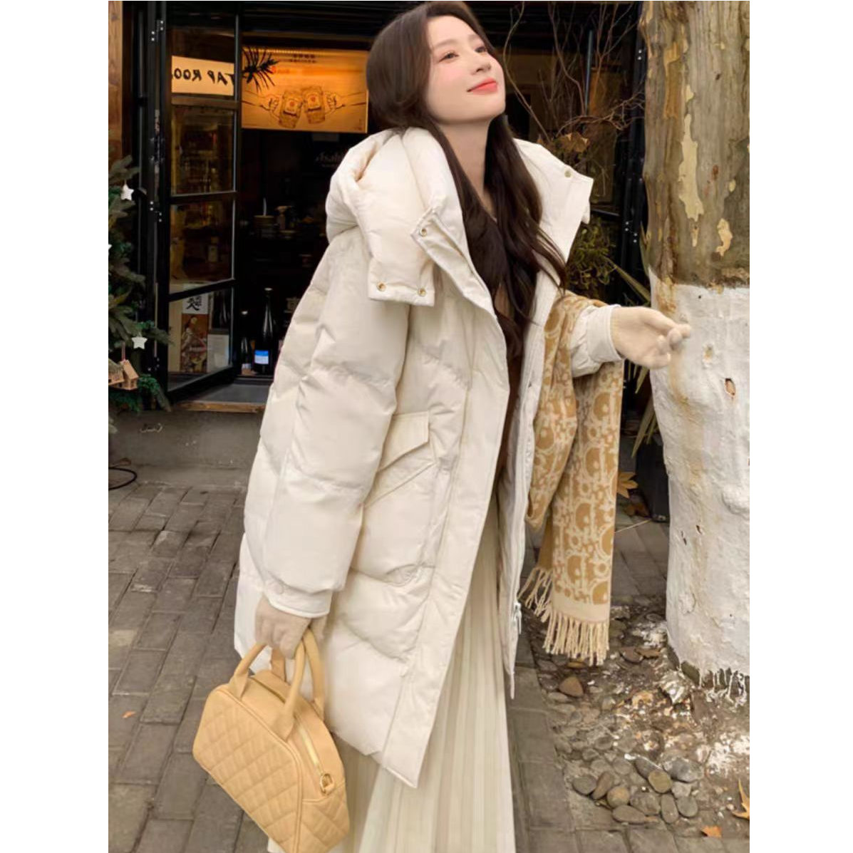 大口袋连帽中长款显瘦显高羽绒服女冬季羽绒大衣(D5-10)090(2L）