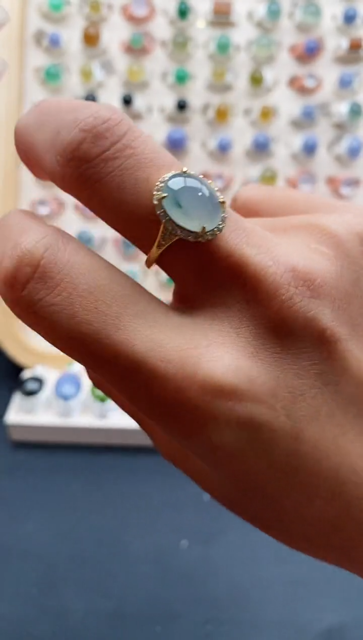 【闪购商品】翡翠戒指银S925镶嵌天然缅甸A货翡翠222 8+4