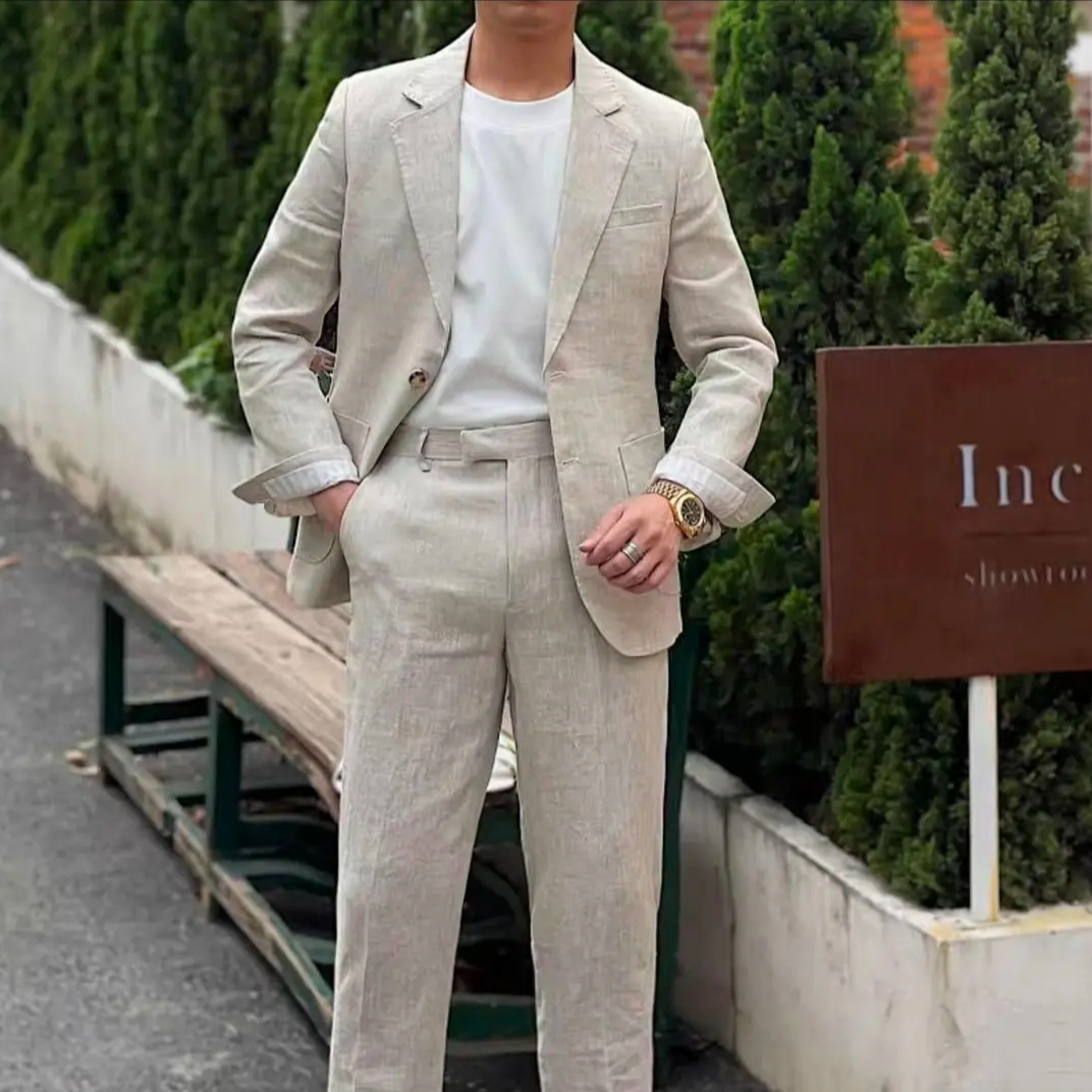 【绿杉】夏季薄款亚麻西服男士宽松棉麻修身型商务休闲套装正装潮流