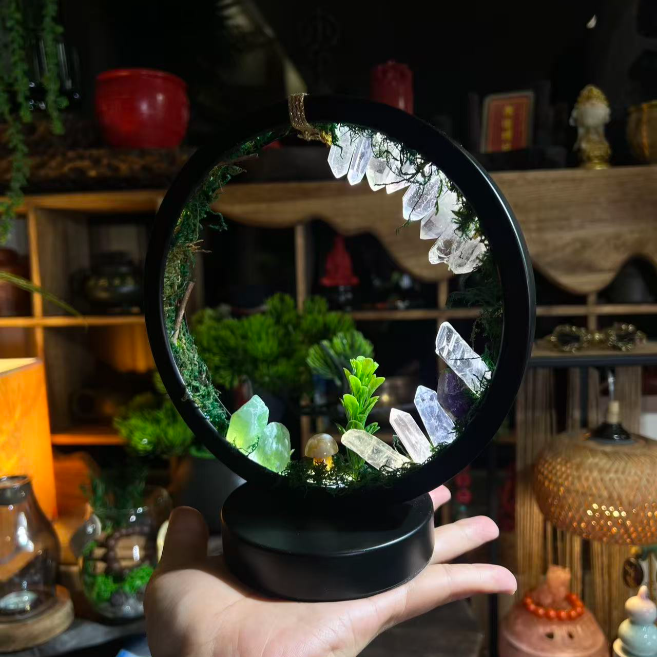 天然水晶原石圆形夜灯卧室床头氛围灯家居装饰摆件