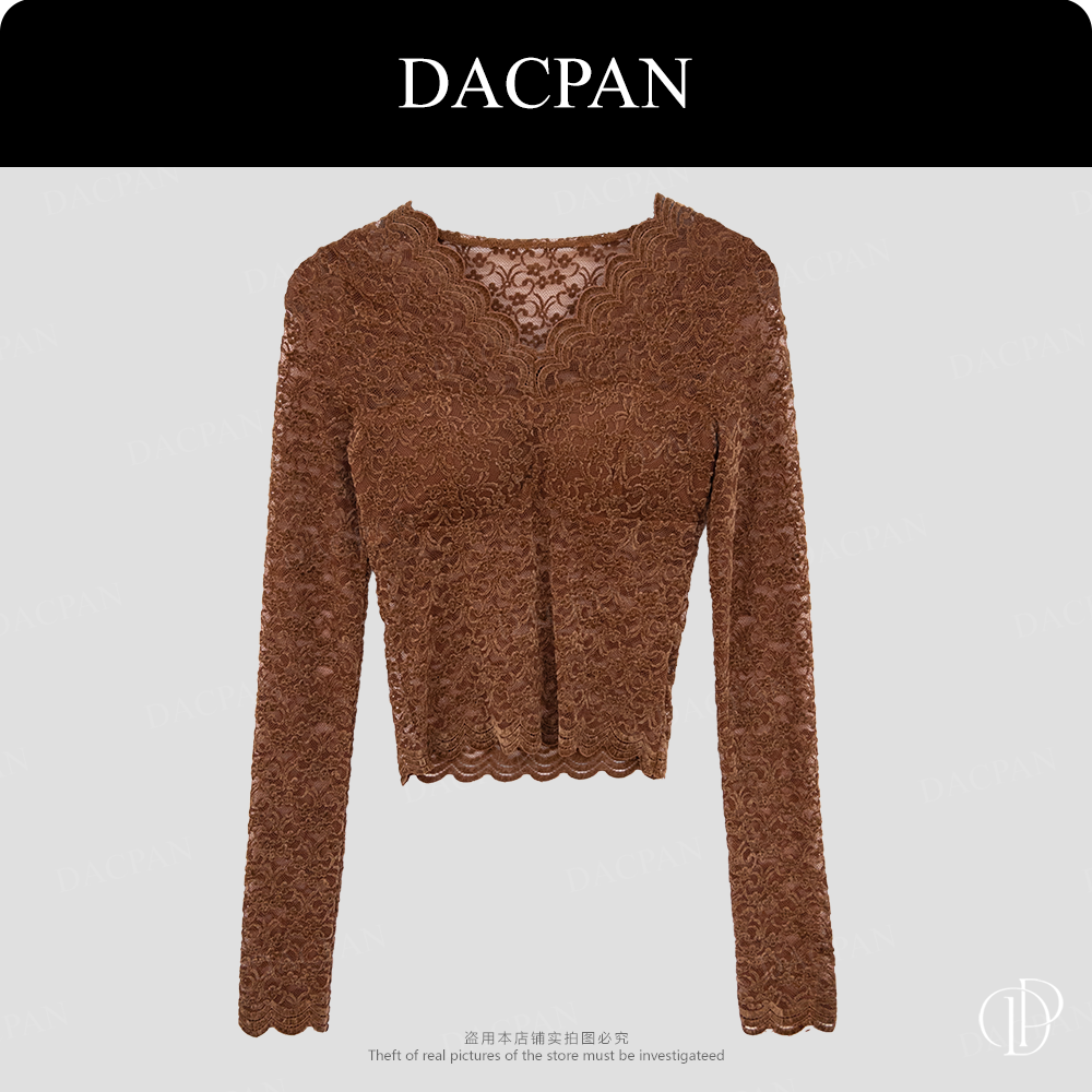 DACPAN-“性感蕾丝”V领花边固定胸垫打底上衣 2025/盼·PP 8699