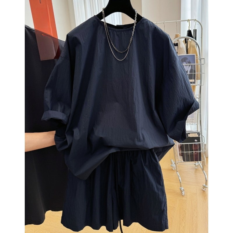 P0250高端圆领上衣短裤两件一整套宽松休闲气质速干时尚套装女夏