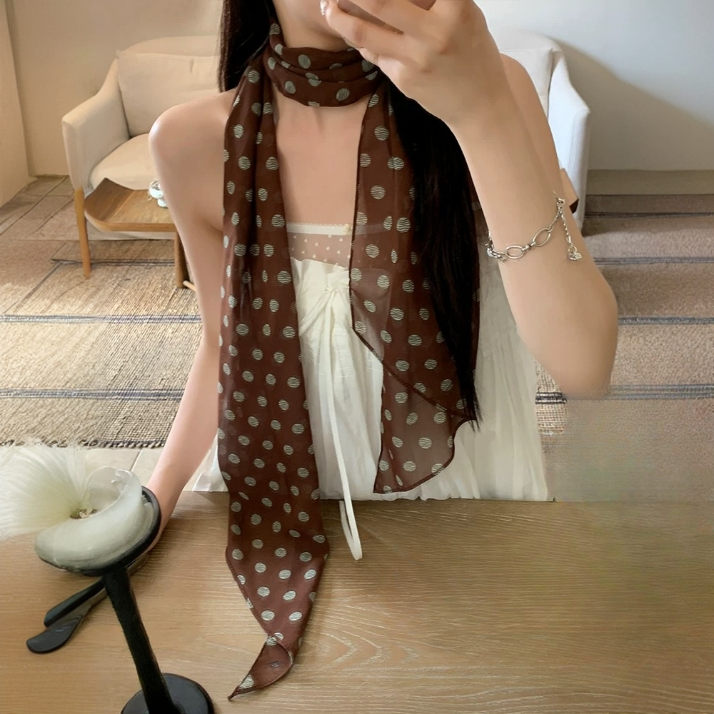 法式高级感气质波点丝巾长条形轻薄雪纺飘带围巾穿搭必备复古配饰