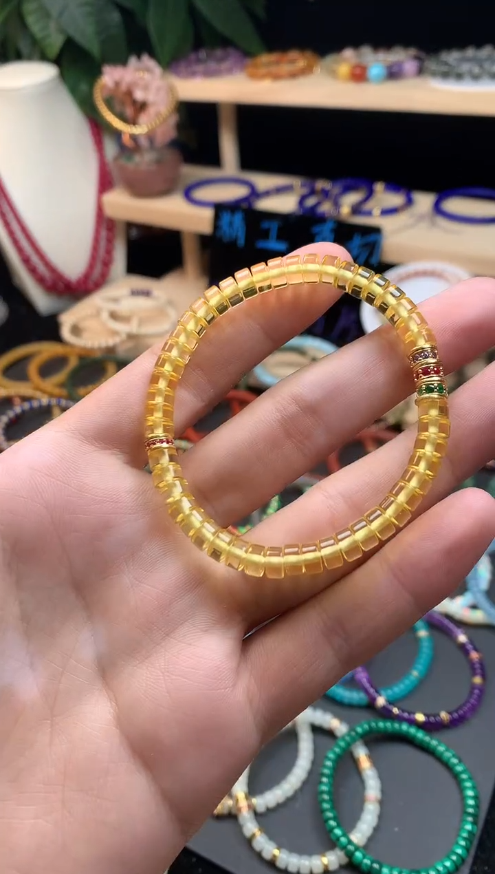 银S925镶嵌金珀手串金珀直切药片手串设计款