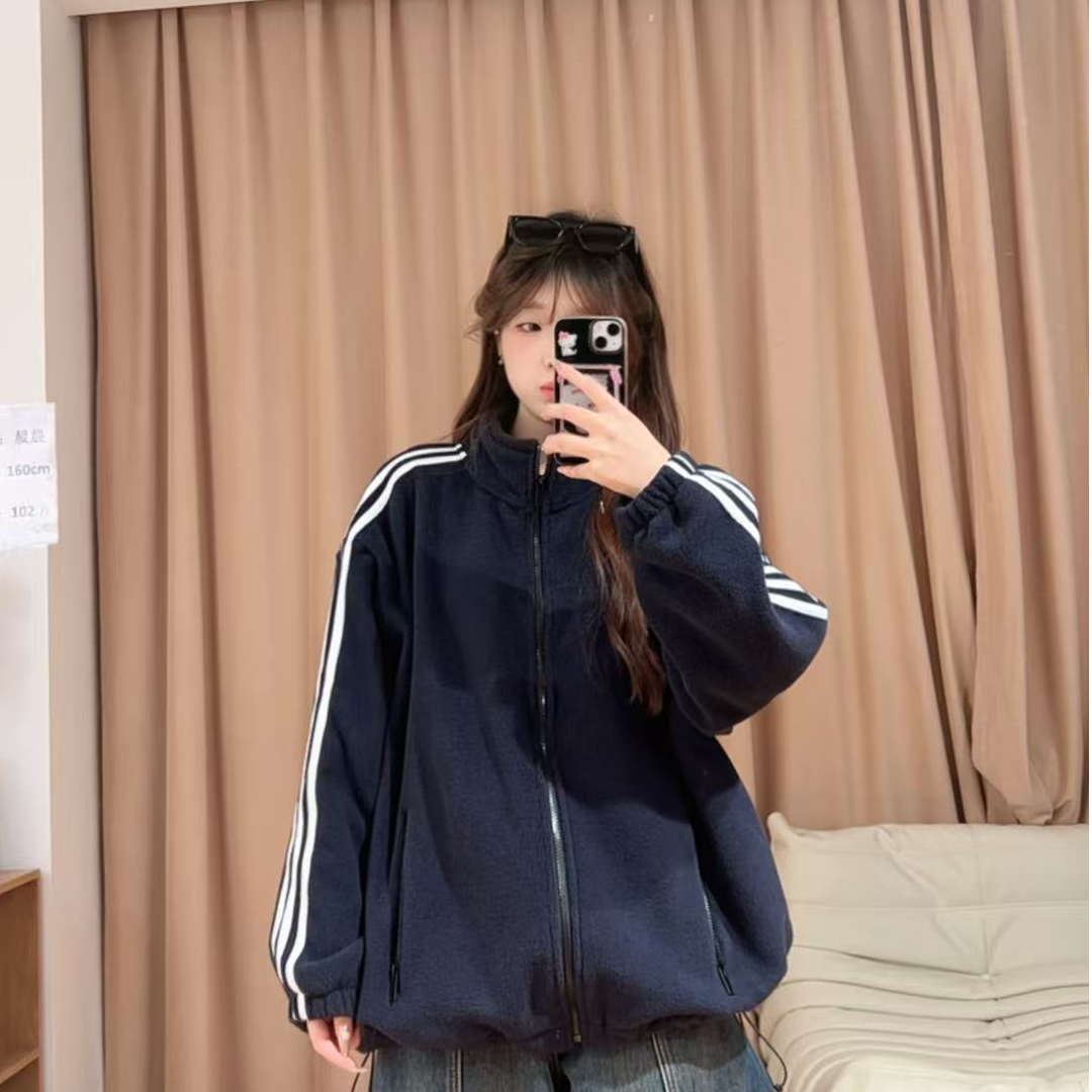 13695余小鱼 【韩系外套】藏青色侧边三条杠立领拉链百搭秋冬女装