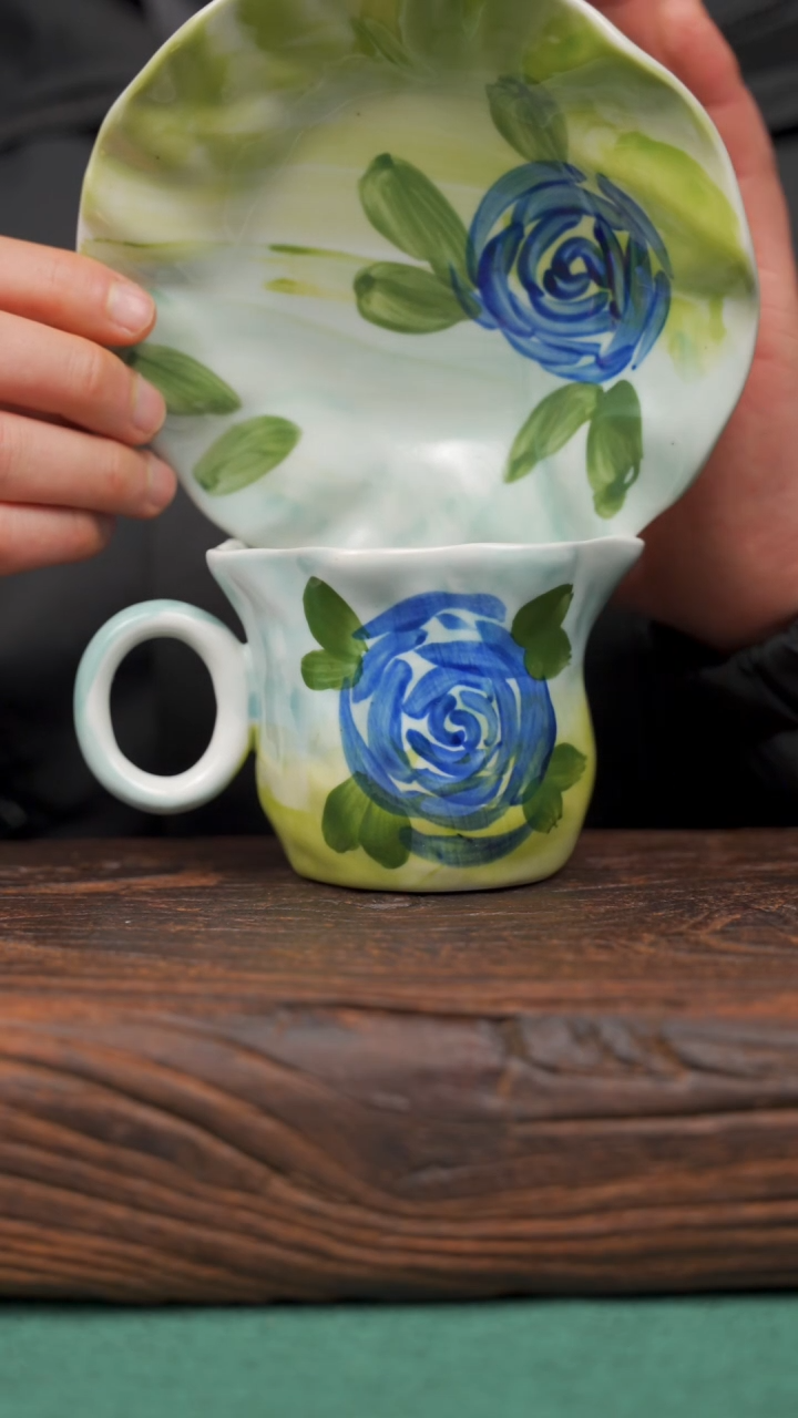 【闪购商品】瓷片景德镇杯釉下手工手绘瓷器 蓝玫瑰咖啡杯