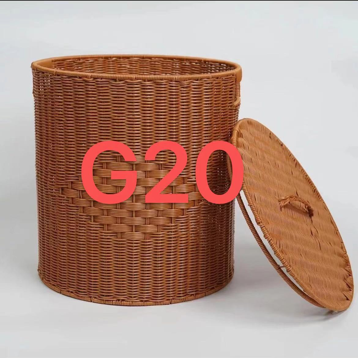 G20棕色圆形双抽手带盖手工编织大号脏衣娄衣物收纳40*42