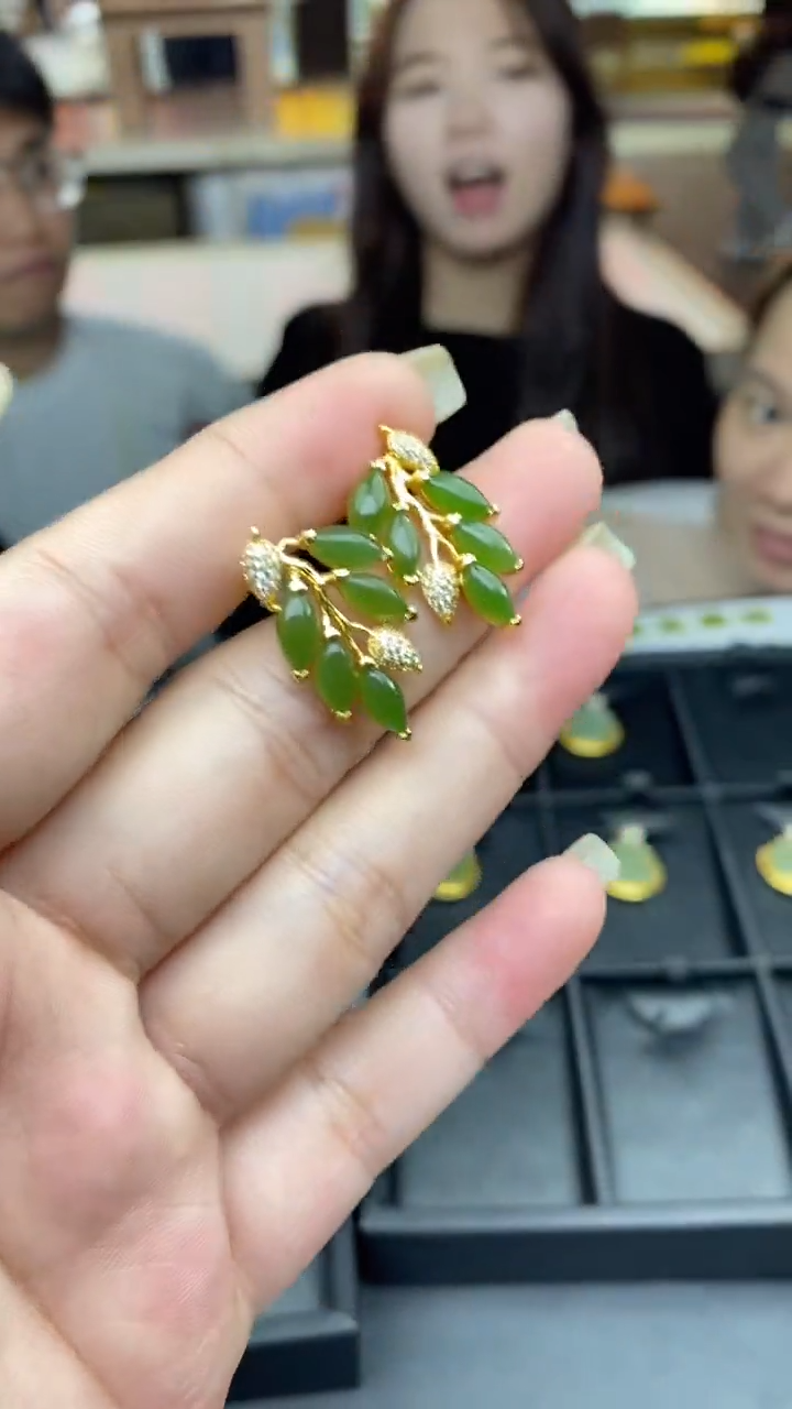 银S925镶嵌和田玉耳饰多样性发其一-耳饰-R2035