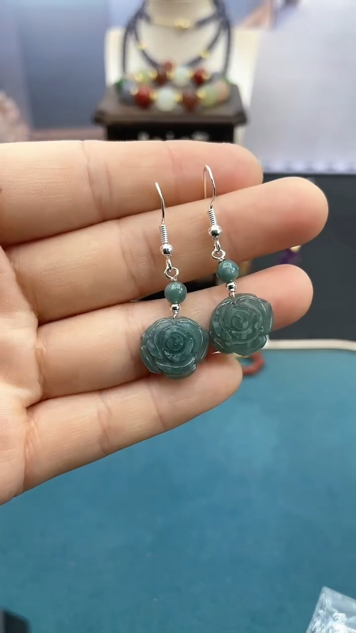 【闪购商品】翡翠耳饰银S925镶嵌牡丹花耳钩
