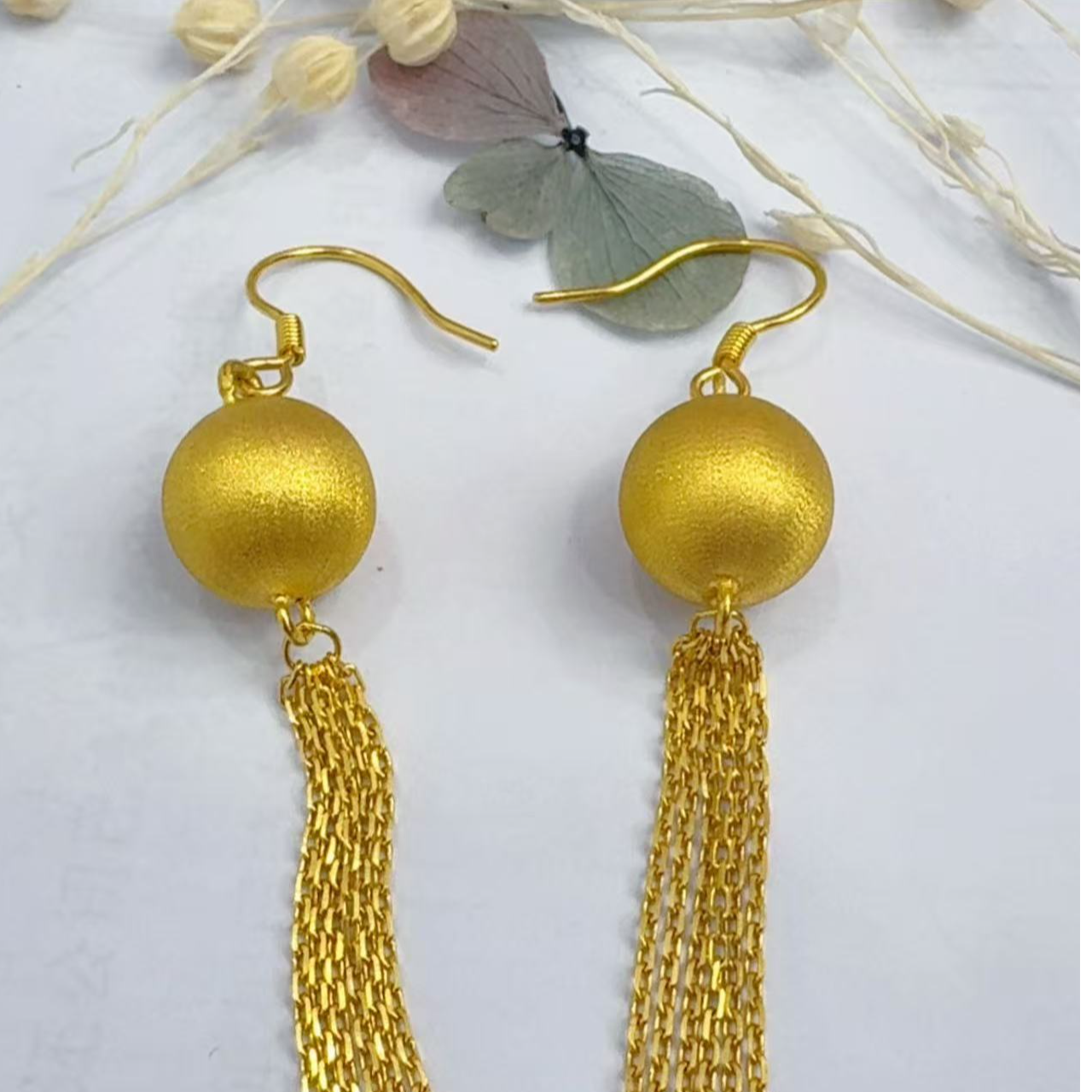 金灵王时尚黄金足金5D无氰工艺金珠流苏耳饰精美气质复古