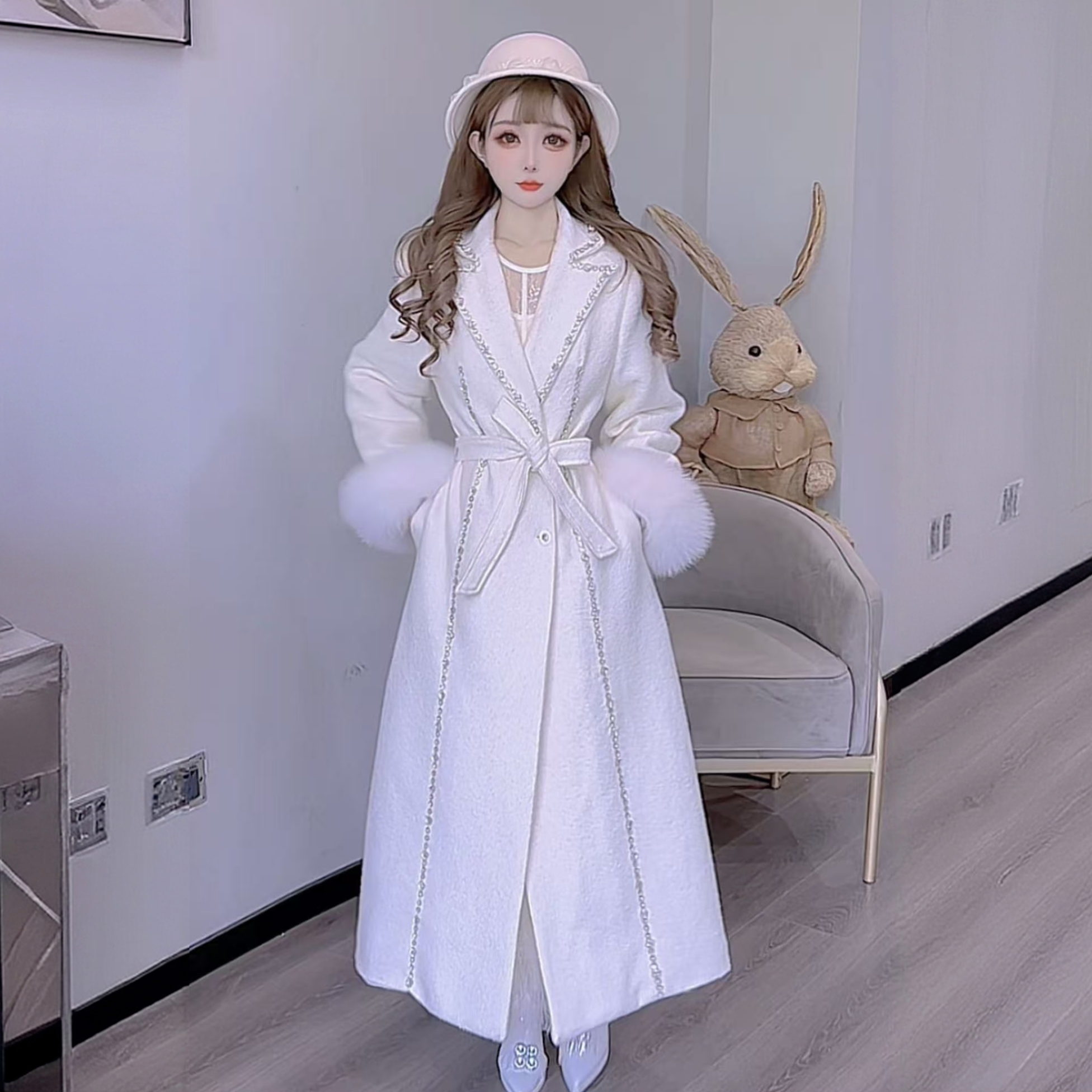 公主家6612秋冬新款西装领水钻大衣时尚气质中长款大衣外套