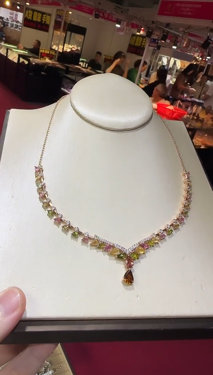 颈饰银S925镶嵌碧玺套链多彩宝高级款