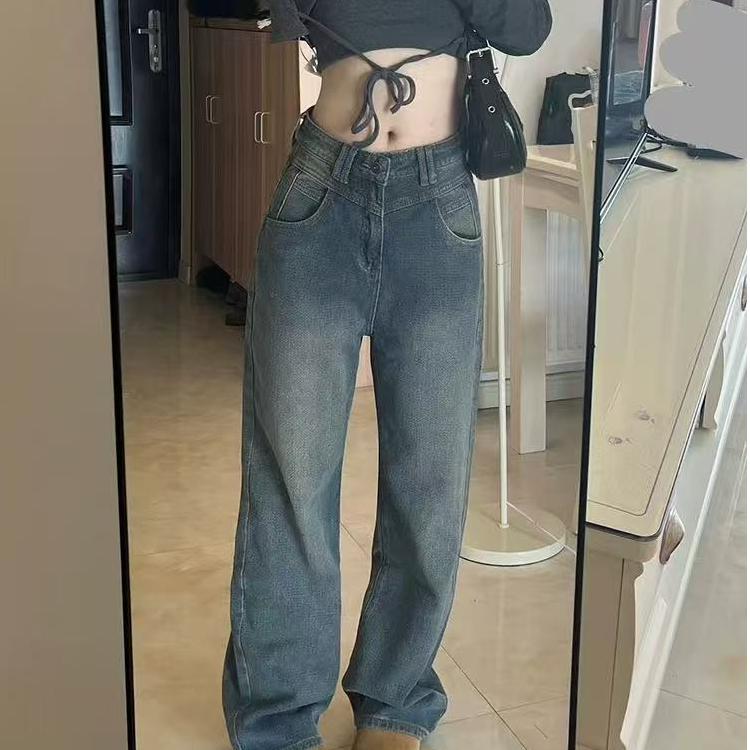 星空纹高腰阔腿牛仔裤女春秋大码胖mm新款显瘦垂感直筒长裤拖地裤