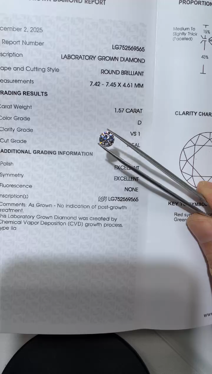 裸石实验室培育钻石L***月1.57克拉D色VS1腰码752569565