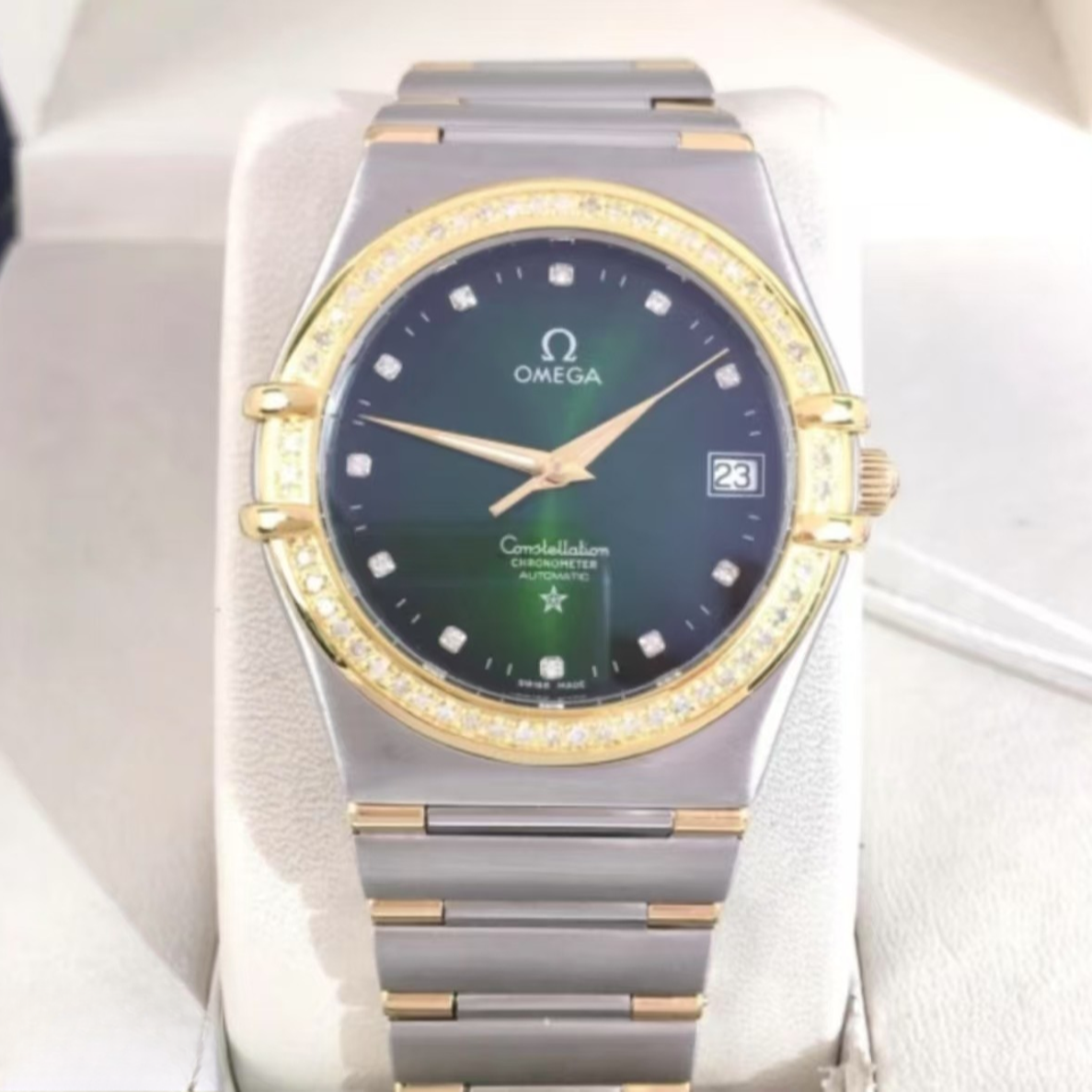 99新 Omega/欧米茄 星座35盘钢带绿盘金针外圈后盘后钻自动机械LF