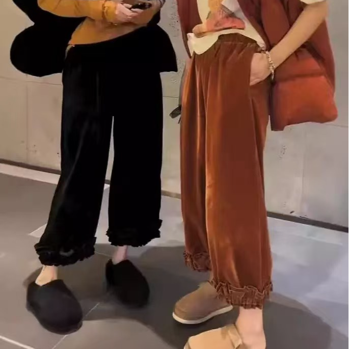 798-M6823-大码丝绒花边休闲裤