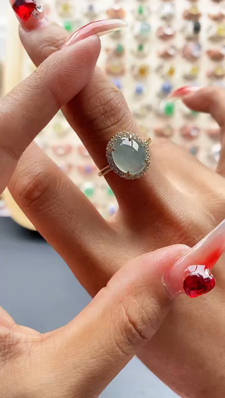 【闪购商品】翡翠戒指银S925镶嵌缅甸天然A货翡翠444 2+6