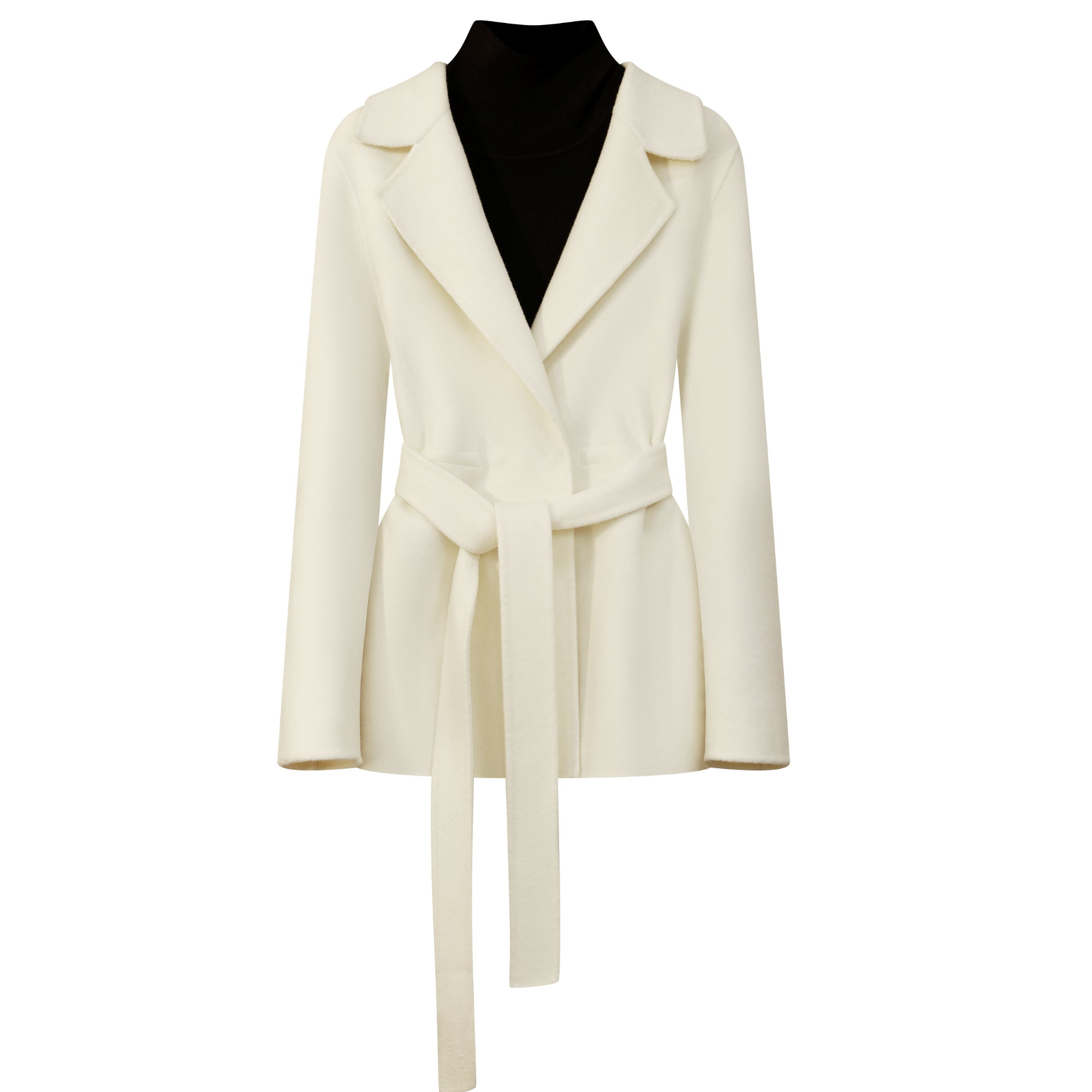 2025年新款长袖纯白亮闪中短款女秋冬季平驳领腰带羊毛大衣1131A