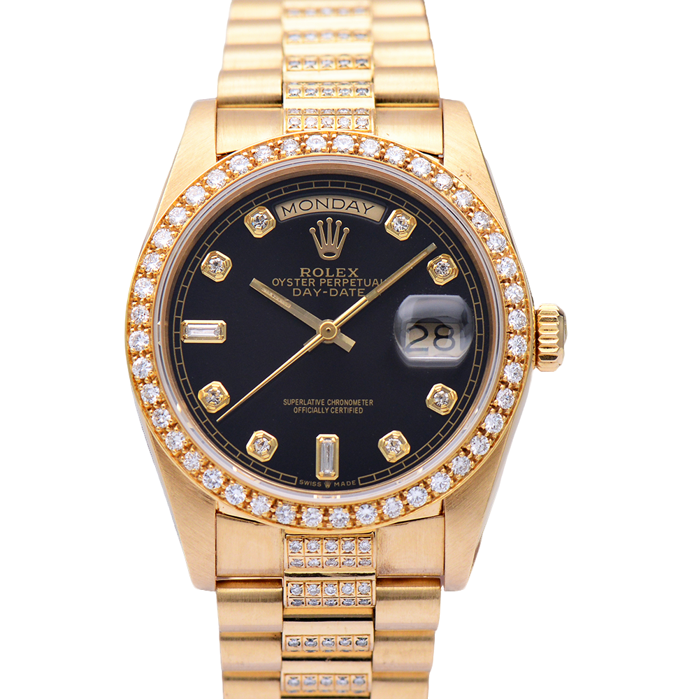99新 Rolex/劳力士 星期日历型18038黑盘后镶钻正品自动机械男表