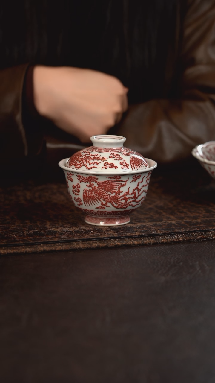 【闪购商品】杯贵红窑釉里红凤纹元宝盖碗